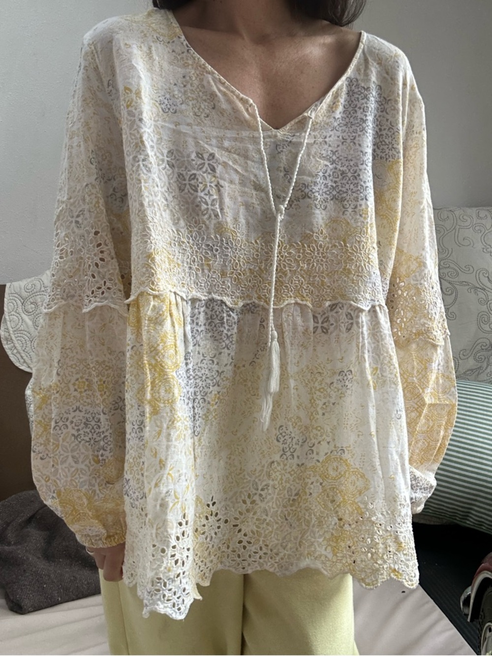 Boho Lace Peasant Blouse in Cream & Pale Yellow